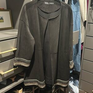 Zara longline black faux suede jacket XXL. Gold detail and fringed sleeve.